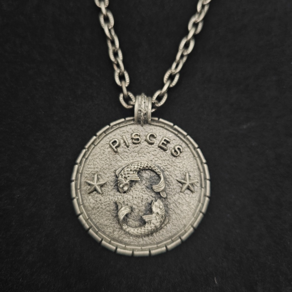 Emmons Necklace Pisces Zodiac Medallion Silver Tone Vintage 23" Chain Astrology